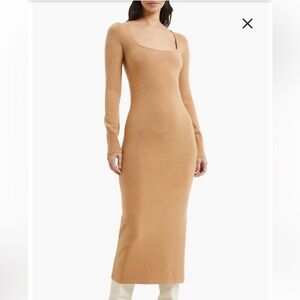 French Connection Knit Babysoft Square Neck Midi Sweater Dress Tan NEW